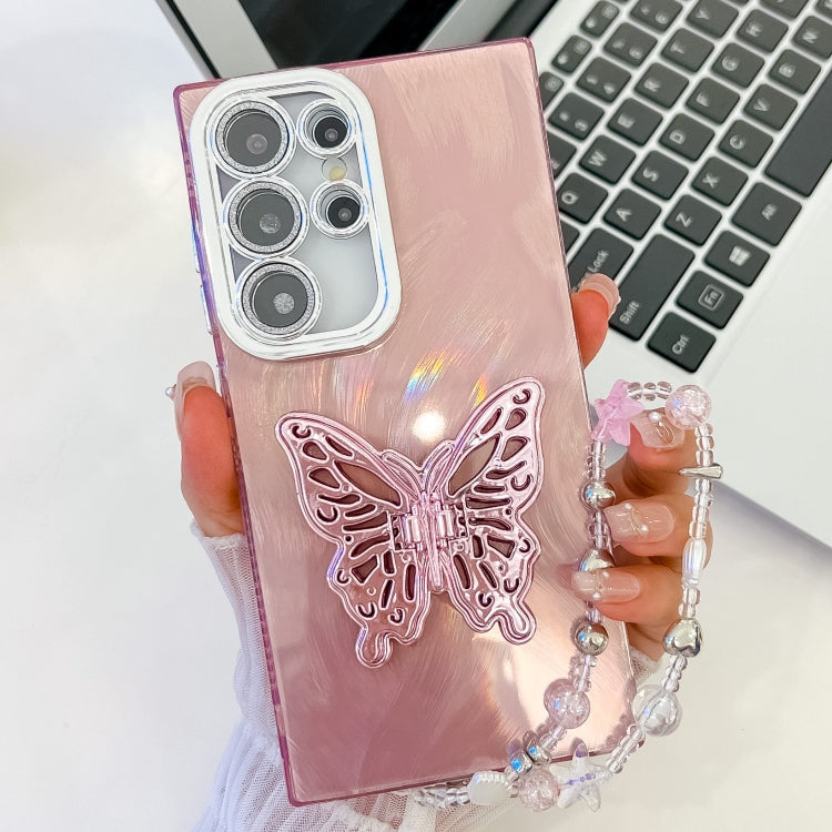 For Samsung Galaxy S25 Ultra 5G Plating Glitter Lens Film Texture Butterfly Holder Wristband Phone Case(Pink Feather Yarn) - Galaxy S25 Ultra 5G Cases by PMC Jewellery | Online Shopping South Africa | PMC Jewellery | Buy Now Pay Later Mobicred