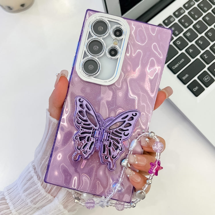 For Samsung Galaxy S25 Ultra 5G Plating Glitter Lens Film Texture Butterfly Holder Wristband Phone Case(Purple Wrinkles) - free shipping - PMC Jewellery - Order now!