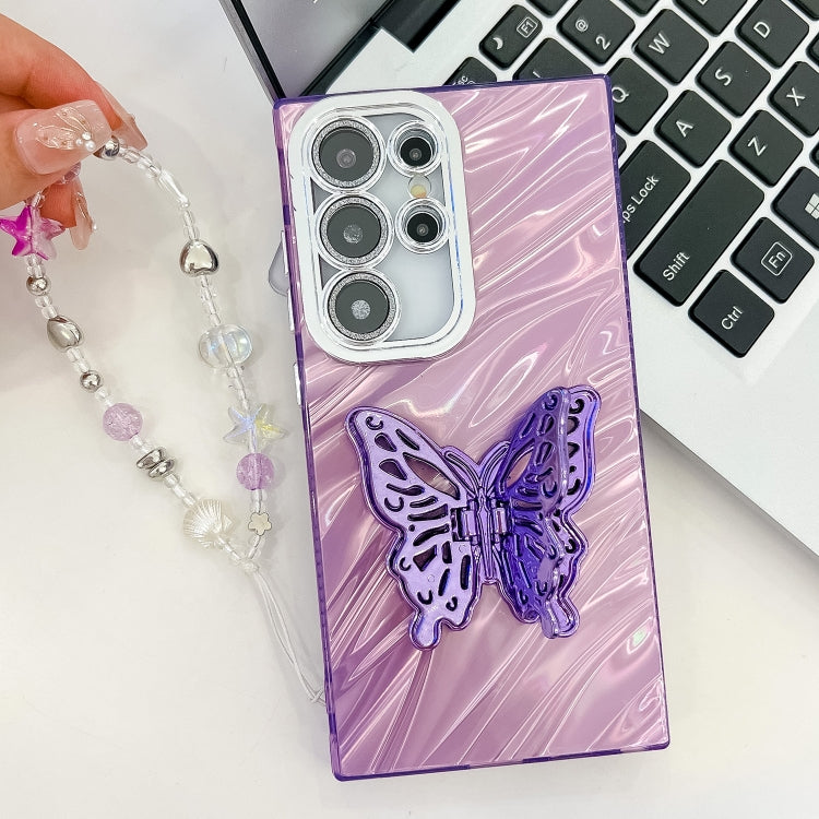 For Samsung Galaxy S25 Ultra 5G Plating Glitter Lens Film Texture Butterfly Holder Wristband Phone Case(Purple Water Ripples) - Galaxy S25 Ultra 5G Cases by PMC Jewellery | Online Shopping South Africa | PMC Jewellery | Buy Now Pay Later Mobicred