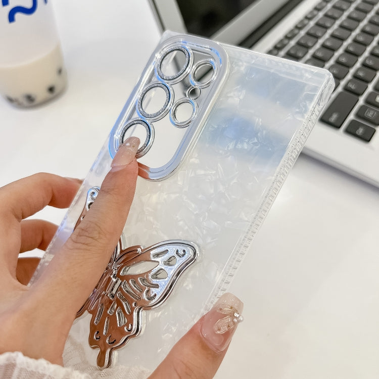 For Samsung Galaxy S25 Ultra 5G Plating Glitter Lens Film Texture Butterfly Holder Wristband Phone Case(White Feathers) - free shipping - PMC Jewellery - Order now!