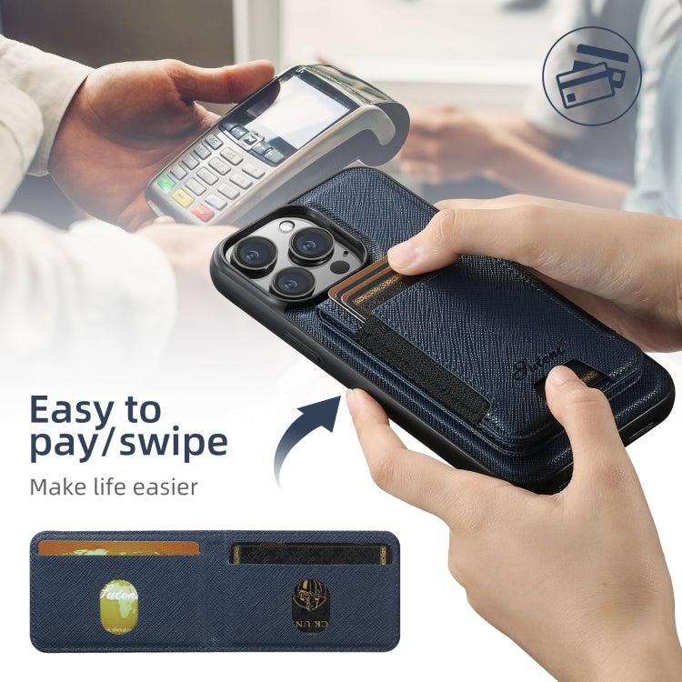 For iPhone 14 Suteni H17 Cross Grain Leather MagSafe Detachable Wallet Phone Case(Blue) - free shipping - PMC Jewellery - Order now!