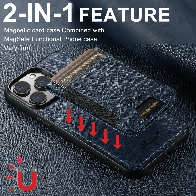 For iPhone 14 Suteni H17 Cross Grain Leather MagSafe Detachable Wallet Phone Case(Blue) - free shipping - PMC Jewellery - Order now!