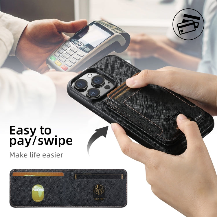 For iPhone 12 Pro Suteni H17 Cross Grain Leather MagSafe Detachable Wallet Phone Case(Black) - free shipping - PMC Jewellery - Order now!