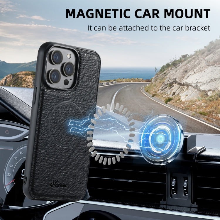 For iPhone 12 Pro Suteni H17 Cross Grain Leather MagSafe Detachable Wallet Phone Case(Black) - free shipping - PMC Jewellery - Order now!