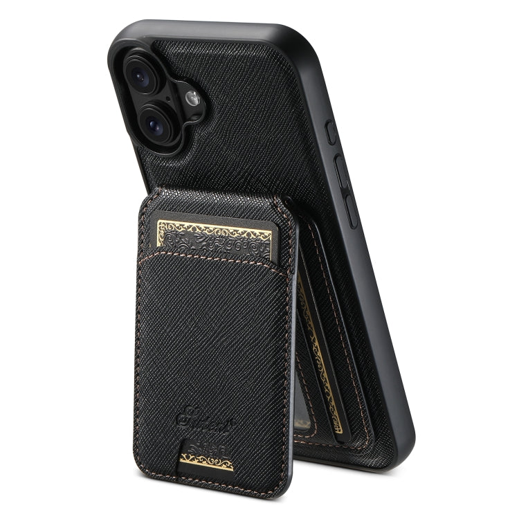 For iPhone 16 Plus Suteni H18 Cross Grain MagSafe Wallet Leather Phone Case(Black) - free shipping - PMC Jewellery - Order now!