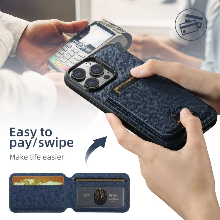 For iPhone 16 Suteni H18 Cross Grain MagSafe Wallet Leather Phone Case(Blue) - free shipping - PMC Jewellery - Order now!