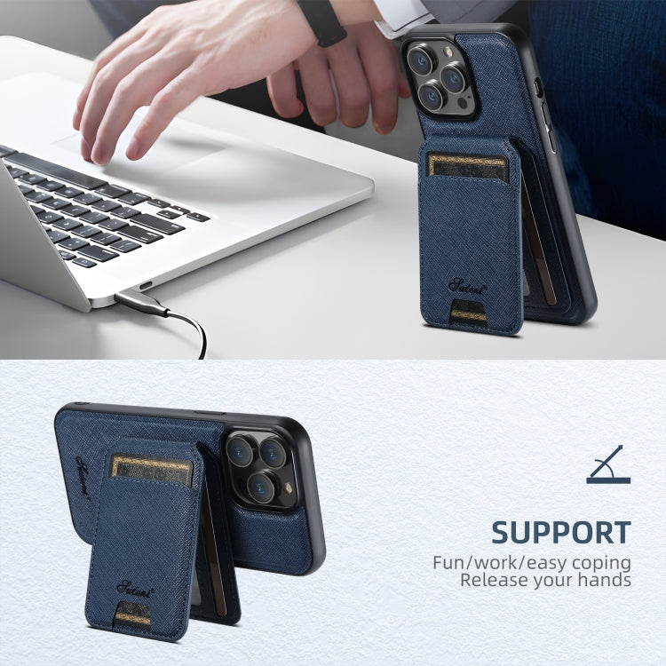 For iPhone 16 Suteni H18 Cross Grain MagSafe Wallet Leather Phone Case(Blue) - free shipping - PMC Jewellery - Order now!