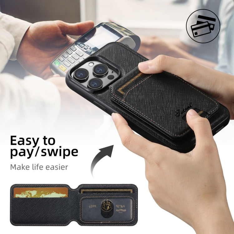For iPhone 13 Pro Max Suteni H18 Cross Grain MagSafe Wallet Leather Phone Case(Black) - free shipping - PMC Jewellery - Order now!