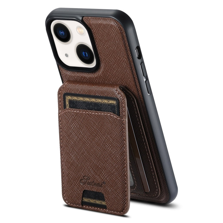 For iPhone 13 Suteni H18 Cross Grain MagSafe Wallet Leather Phone Case(Brown) - free shipping - PMC Jewellery - Order now!