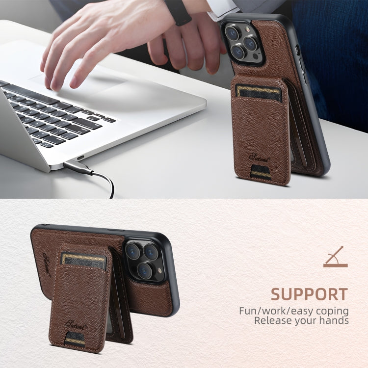 For iPhone 13 Suteni H18 Cross Grain MagSafe Wallet Leather Phone Case(Brown) - free shipping - PMC Jewellery - Order now!
