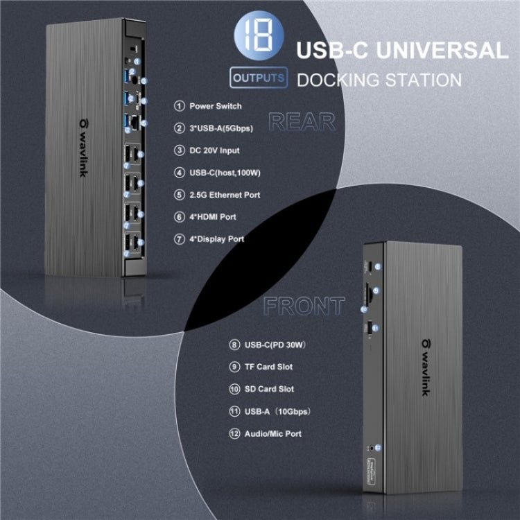 WAVLINK UG69PD8 Pro 18-in-1 DP / HD 5K Quadruple Display USB C Universal Docking Station, Plug:EU Plug - free shipping - PMc TechLife - Order now!