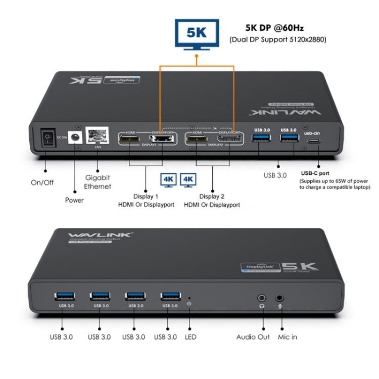 WAVLINK UG69PD6 Dual 4K Laptop Docking Station 5K HD Displaylink 65 / 100W PD Charging, Plug:AU Plug - free shipping - PMc TechLife - Order now!
