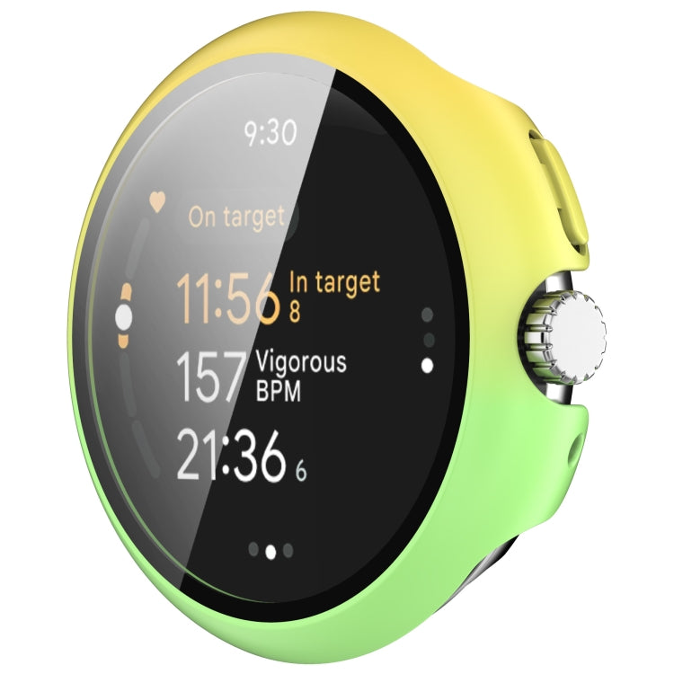 For Google Pixel Watch 3 45mm PC + Tempered Film Integrated Watch Protective Case(Yellow+Green) - Watch Cases by PMC TechLife | Online Shopping South Africa | PMC TechLife | Buy Now Pay Later Mobicred