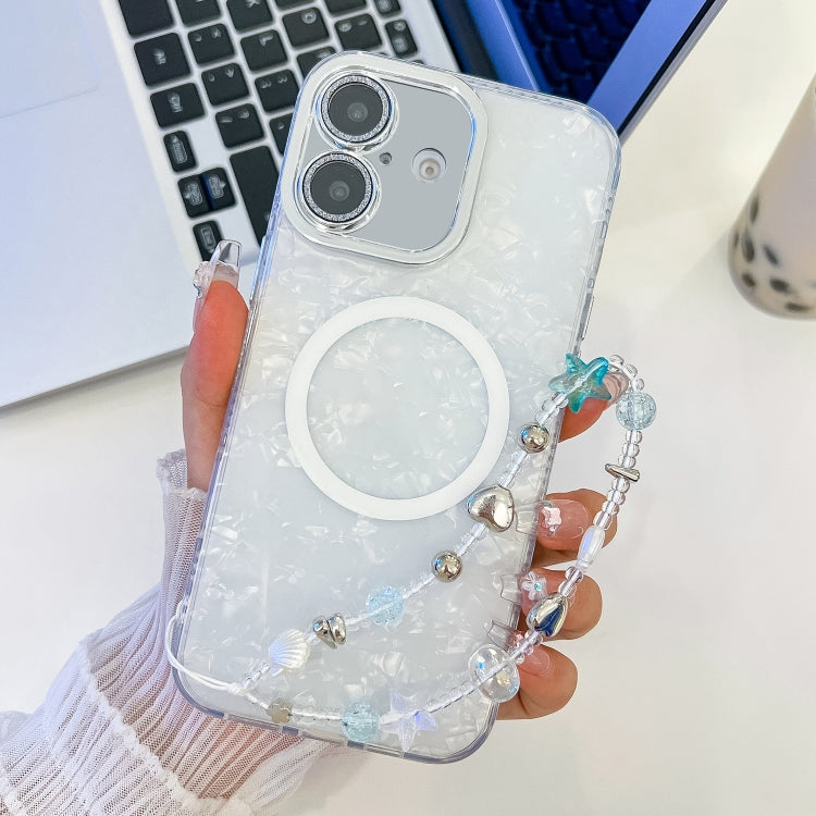 For iPhone 16 Plus Plating Texture Wristband MagSafe TPU Phone Case with Glitter Lens Film(White Shell Pattern) - free shipping - PMC Jewellery - Order now!
