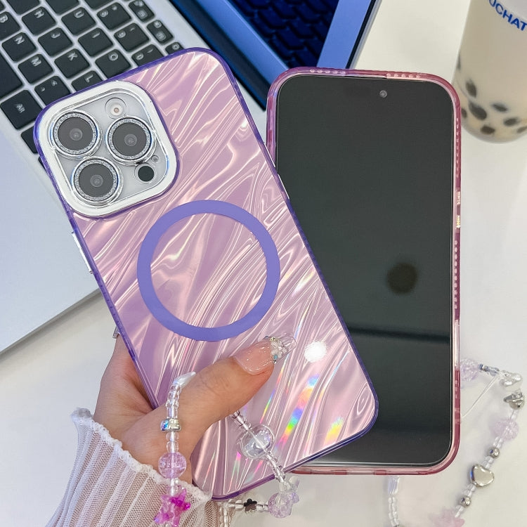 For iPhone 16 Plus Plating Texture Wristband MagSafe TPU Phone Case with Glitter Lens Film(White Shell Pattern) - free shipping - PMC Jewellery - Order now!