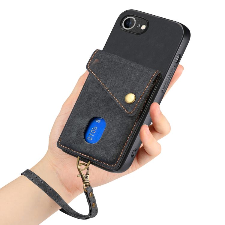 For iPhone 16e Retro Card Wallet Fold Leather Phone Case with Strap(Black) - iPhone 16e Cases by PMC TechLife | Online Shopping South Africa | PMC TechLife | Buy Now Pay Later Mobicred