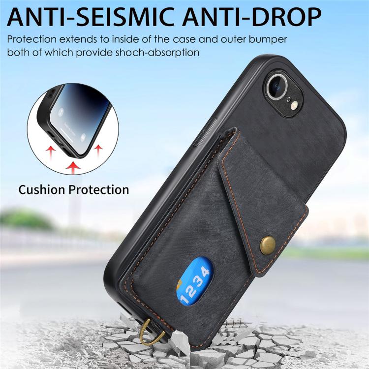 For iPhone 16e Retro Card Wallet Fold Leather Phone Case with Strap(Black) - iPhone 16e Cases by PMC TechLife | Online Shopping South Africa | PMC TechLife | Buy Now Pay Later Mobicred