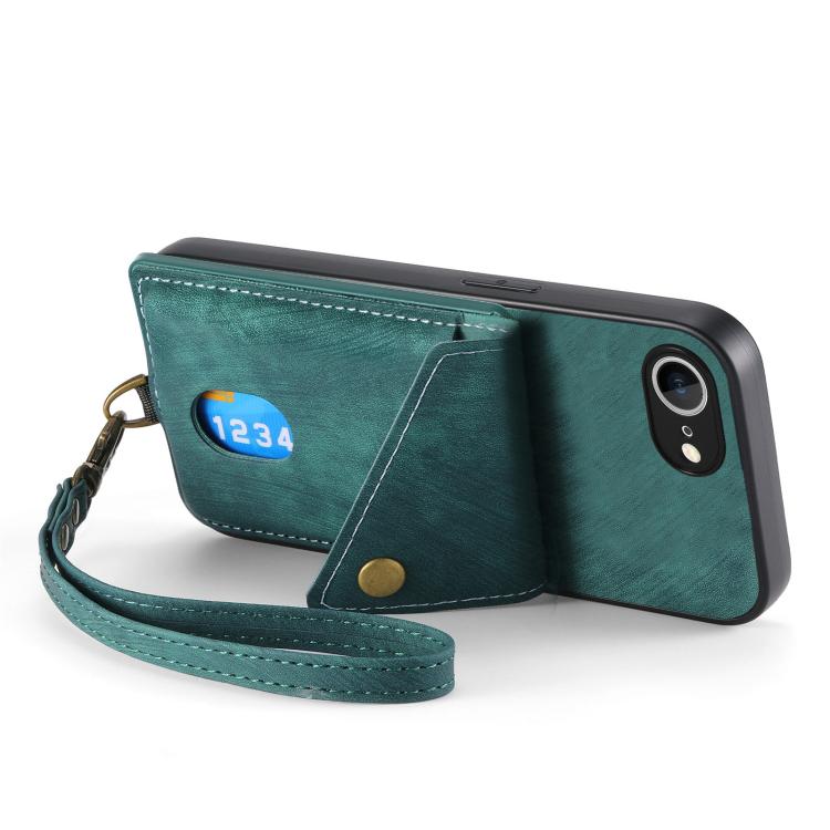 For iPhone 16e Retro Card Wallet Fold Leather Phone Case with Strap(Green) - free shipping - PMC TechLife - Order now!