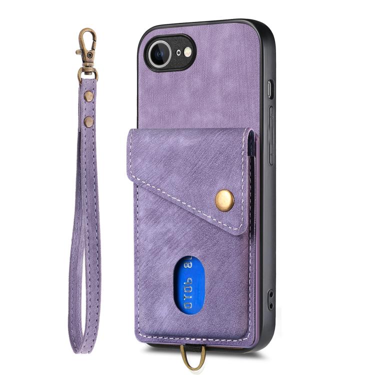 For iPhone 16e Retro Card Wallet Fold Leather Phone Case with Strap(Purple) - iPhone 16e Cases by PMC TechLife | Online Shopping South Africa | PMC TechLife | Buy Now Pay Later Mobicred