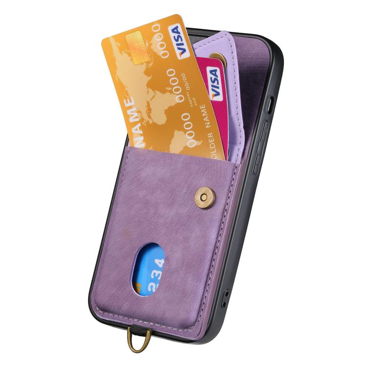 For iPhone 16e Retro Card Wallet Fold Leather Phone Case with Strap(Purple) - iPhone 16e Cases by PMC TechLife | Online Shopping South Africa | PMC TechLife | Buy Now Pay Later Mobicred