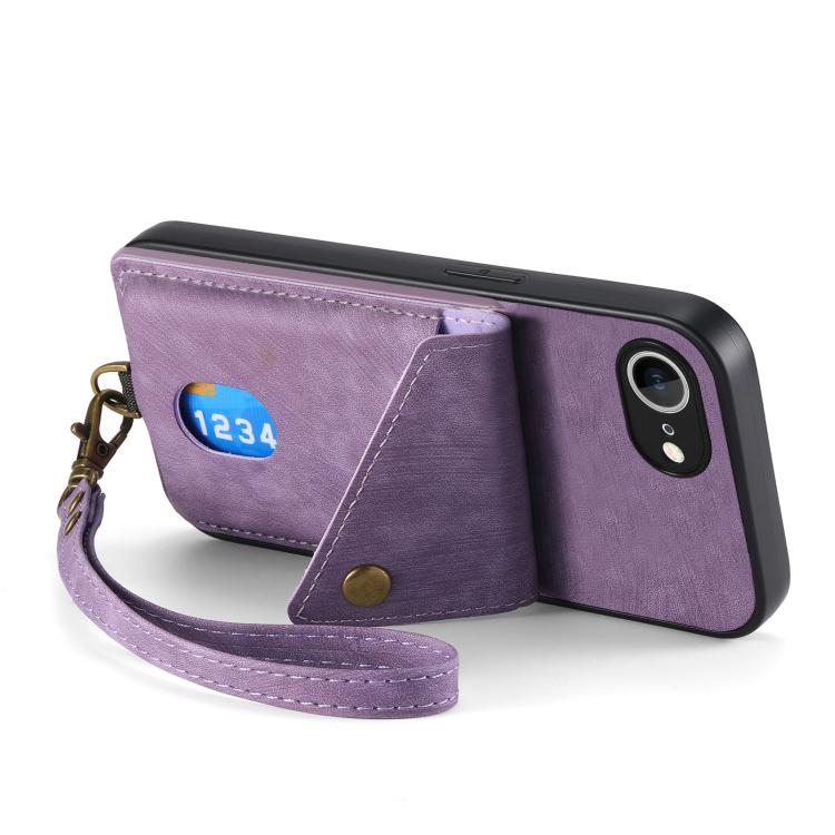 For iPhone 16e Retro Card Wallet Fold Leather Phone Case with Strap(Purple) - iPhone 16e Cases by PMC TechLife | Online Shopping South Africa | PMC TechLife | Buy Now Pay Later Mobicred