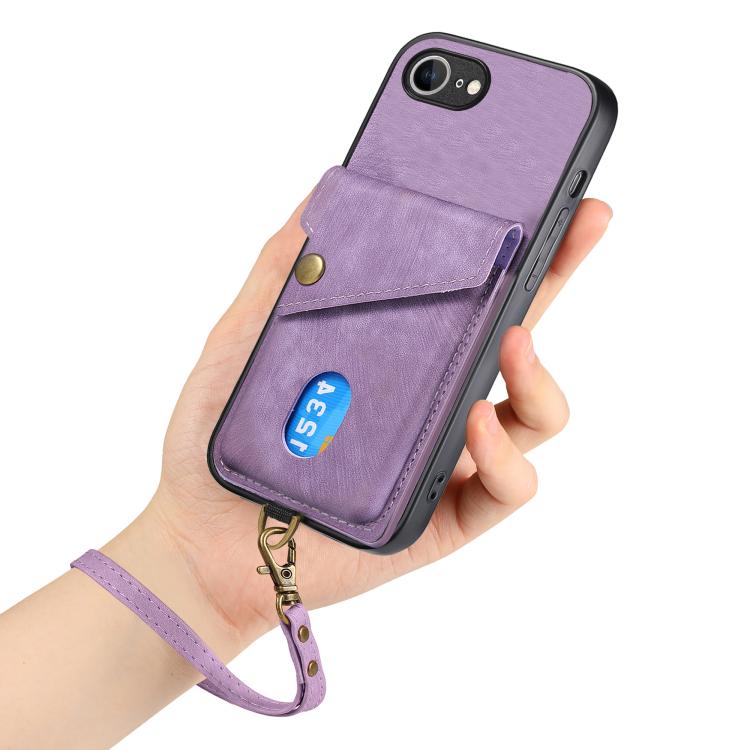 For iPhone 16e Retro Card Wallet Fold Leather Phone Case with Strap(Purple) - iPhone 16e Cases by PMC TechLife | Online Shopping South Africa | PMC TechLife | Buy Now Pay Later Mobicred
