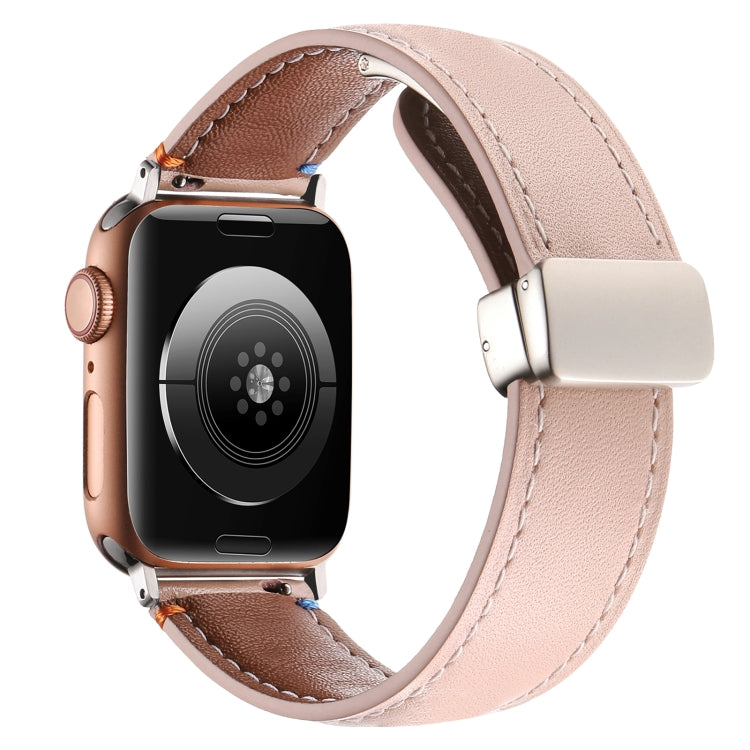 Magnetic Buckle Stitched Genuine Leather Watch Band For Apple Watch 46mm / 49mm / 45mm / 44mm(Pink) - Watch Bands by PMC TechLife | Online Shopping South Africa | PMC TechLife | Buy Now Pay Later Mobicred