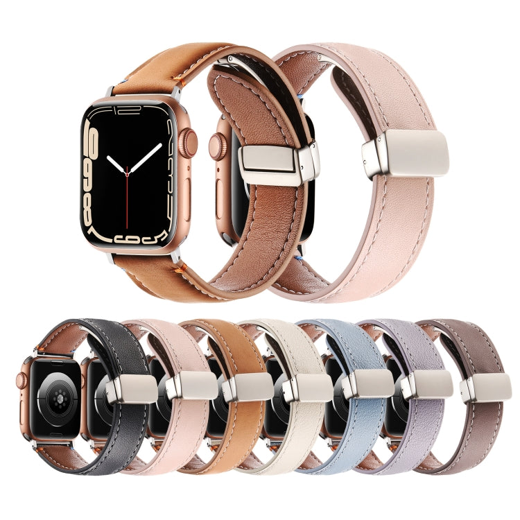 Magnetic Buckle Stitched Genuine Leather Watch Band For Apple Watch 46mm / 49mm / 45mm / 44mm(Pink) - Watch Bands by PMC TechLife | Online Shopping South Africa | PMC TechLife | Buy Now Pay Later Mobicred