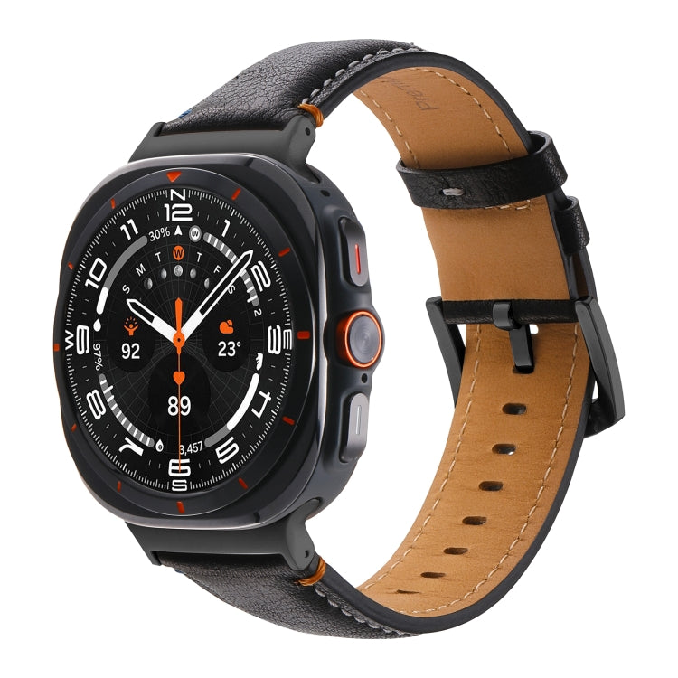 For Samsung Galaxy Watch Ultra 47mm Stitched Black Buckle Genuine Leather Watch Band(Pull Up Leather Black) - Watch Bands by PMC TechLife | Online Shopping South Africa | PMC TechLife | Buy Now Pay Later Mobicred