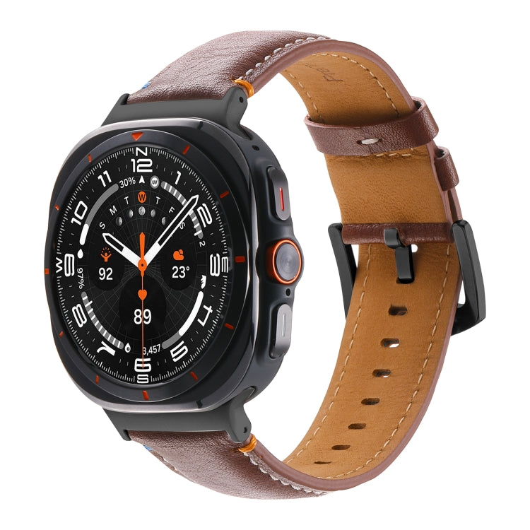 For Samsung Galaxy Watch Ultra 47mm Stitched Black Buckle Genuine Leather Watch Band(Pull Up Leather Brown) - Watch Bands by PMC TechLife | Online Shopping South Africa | PMC TechLife | Buy Now Pay Later Mobicred