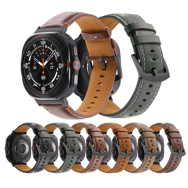 For Samsung Galaxy Watch Ultra 47mm Stitched Black Buckle Genuine Leather Watch Band(Pull Up Leather Brown) - Watch Bands by PMC TechLife | Online Shopping South Africa | PMC TechLife | Buy Now Pay Later Mobicred