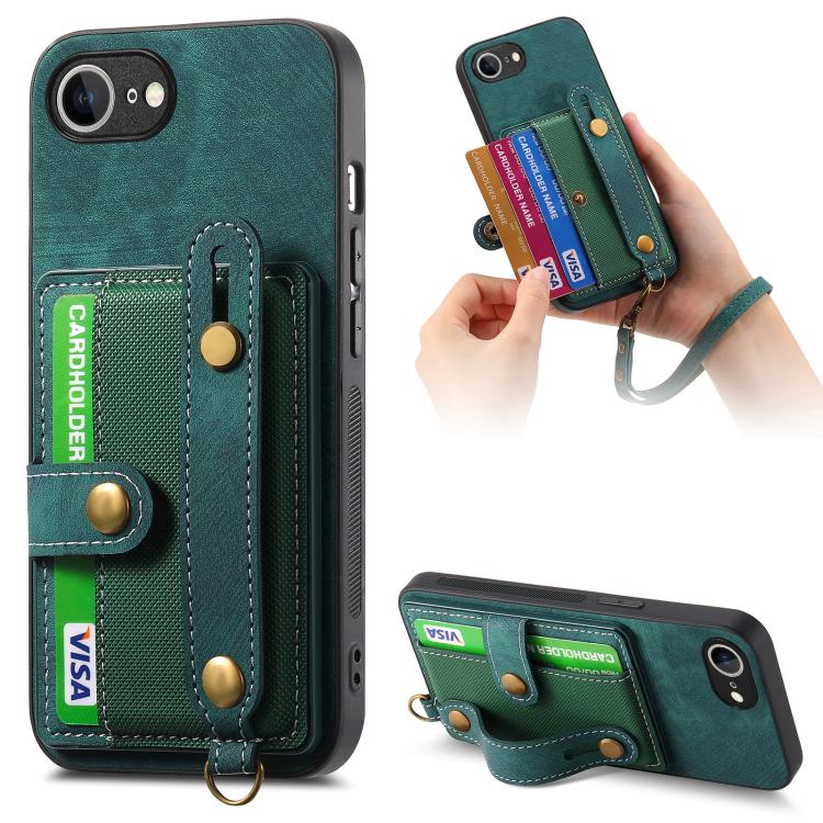 For iPhone 16e Retro Cross Wristband Wallet Leather Back Phone Case(Green) - iPhone 16e Cases by PMC TechLife | Online Shopping South Africa | PMC TechLife | Buy Now Pay Later Mobicred