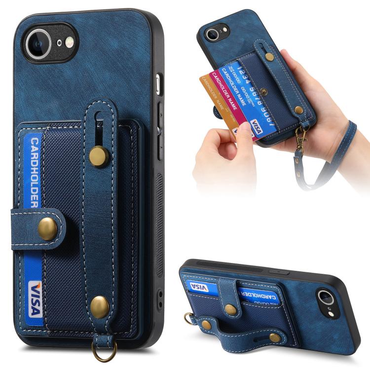For iPhone 16e Retro Cross Wristband Wallet Leather Back Phone Case(Blue) - free shipping - PMC TechLife - Order now!