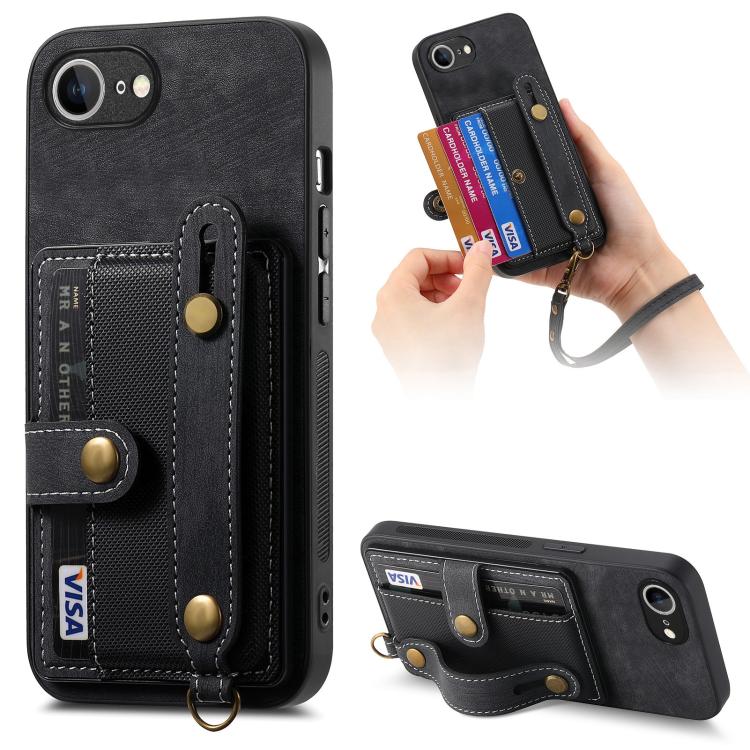 For iPhone 16e Retro Cross Wristband Wallet Leather Back Phone Case(Black) - iPhone 16e Cases by PMC TechLife | Online Shopping South Africa | PMC TechLife | Buy Now Pay Later Mobicred