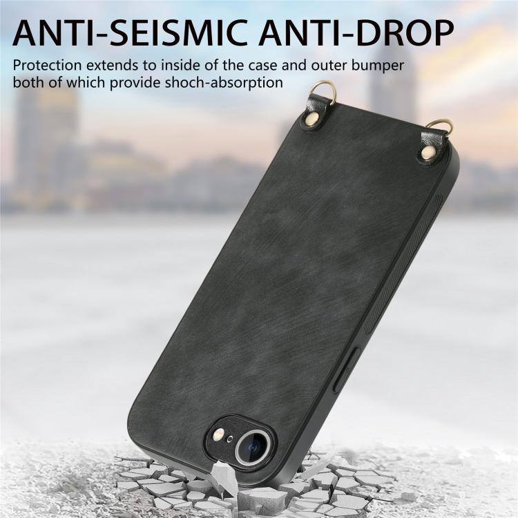 For  iPhone 16e Vintage Leather PC Back Cover Phone Case with Crossbody Strap(Black) - iPhone 16e Cases by PMC TechLife | Online Shopping South Africa | PMC TechLife | Buy Now Pay Later Mobicred