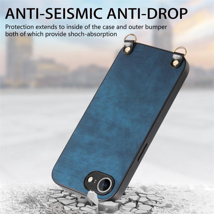 For  iPhone 16e Vintage Leather PC Back Cover Phone Case with Crossbody Strap(Blue) - iPhone 16e Cases by PMC TechLife | Online Shopping South Africa | PMC TechLife | Buy Now Pay Later Mobicred