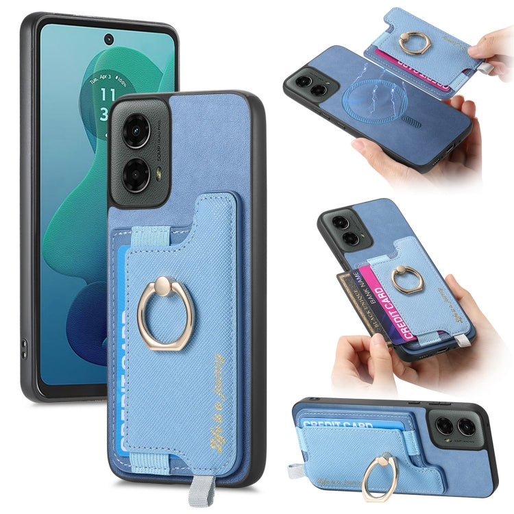 For Motorola Moto G 5G 2024 Retro Magsafe Cross Leather Ring Holder Card Bag Phone Case(Blue) - Motorola Cases by PMC Jewellery | Online Shopping South Africa | PMC Jewellery | Buy Now Pay Later Mobicred