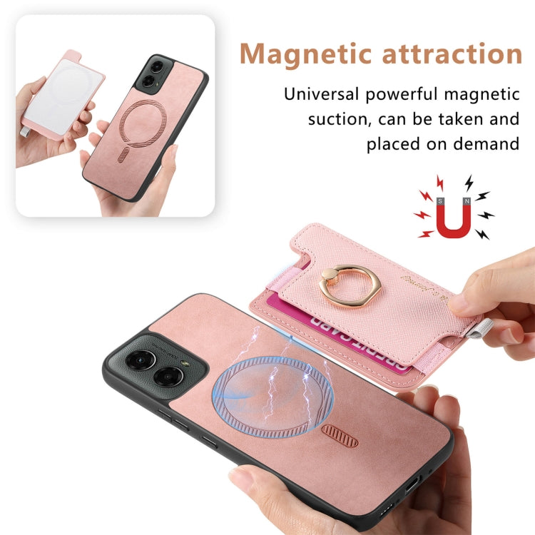 For Motorola Moto G 5G 2024 Retro Magsafe Cross Leather Ring Holder Card Bag Phone Case(Pink) - Motorola Cases by PMC Jewellery | Online Shopping South Africa | PMC Jewellery | Buy Now Pay Later Mobicred