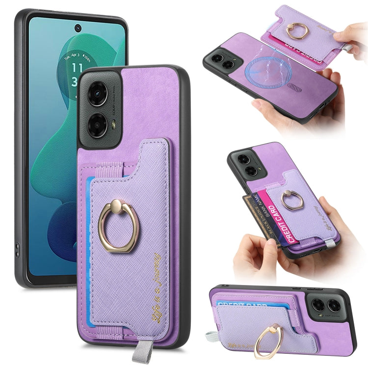 For Motorola Moto G 5G 2024 Retro Magsafe Cross Leather Ring Holder Card Bag Phone Case(Purple) - Motorola Cases by PMC Jewellery | Online Shopping South Africa | PMC Jewellery | Buy Now Pay Later Mobicred