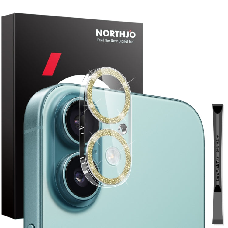 For iPhone 16 / 16 Plus NORTHJO Camera Lens Protector Glitter Ring 3D Tempered Glass Film(Gold) - free shipping - PMC Jewellery - Order now!