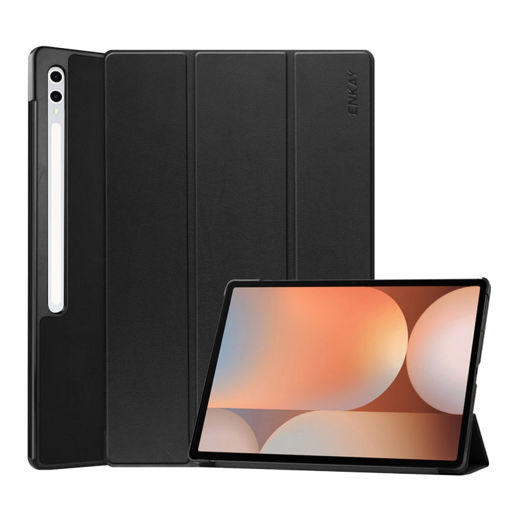 For Samsung Galaxy Tab S10 Ultra / S9 Ultra ENKAY Tri-fold Custer Texture Plastic Leather Smart Tablet Case with Pen Slot(Black) - free shipping - PMC Jewellery - Order now!