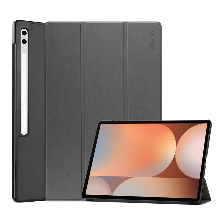 For Samsung Galaxy Tab S10 Ultra / S9 Ultra ENKAY Tri-fold Custer Texture Plastic Leather Smart Tablet Case with Pen Slot(Grey) - free shipping - PMC Jewellery - Order now!