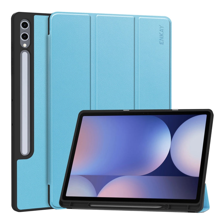 For Samsung Galaxy Tab S10+ / S9+ / S9 FE+ ENKAY Tri-fold Custer Texture TPU Leather Smart Tablet Case with Pen Slot(Light Blue) - free shipping - PMC Jewellery - Order now!