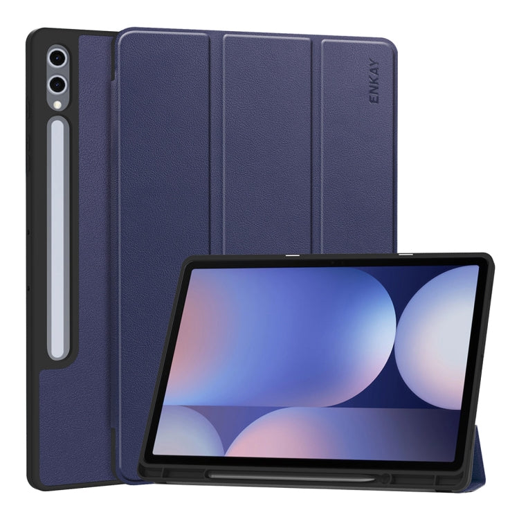 For Samsung Galaxy Tab S10 Ultra / S9 Ultra ENKAY Tri-fold Custer Texture TPU Leather Smart Tablet Case with Pen Slot(Dark Blue) - free shipping - PMC Jewellery - Order now!