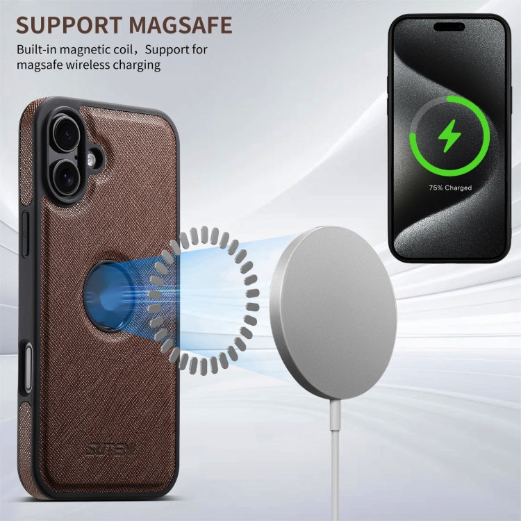 For iPhone 16 Plus Suteni G1 Cross Texture MagSafe Phone Case(Brown) - iPhone 16 Plus Cases by Suteni | Online Shopping South Africa | PMC Jewellery | Buy Now Pay Later Mobicred