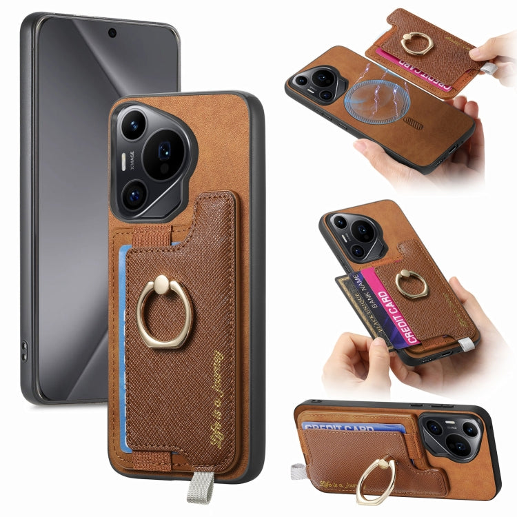 For Huawei Pura 70 Pro Retro Magsafe Cross Leather Ring Holder Card Bag Phone Case(Brown) - free shipping - PMC Jewellery - Order now!