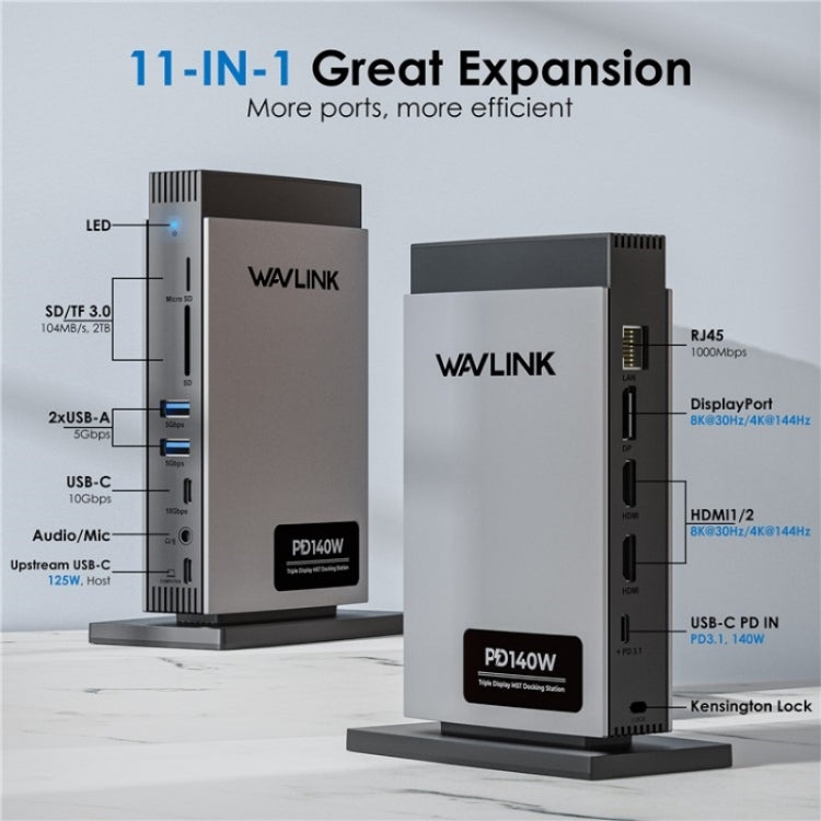 WAVLINK WL-UMD26 11 in 1 140W PD 3.1 USB-C 8K Displayport Charging Docking Station - free shipping - PMC TechLife - Order now!