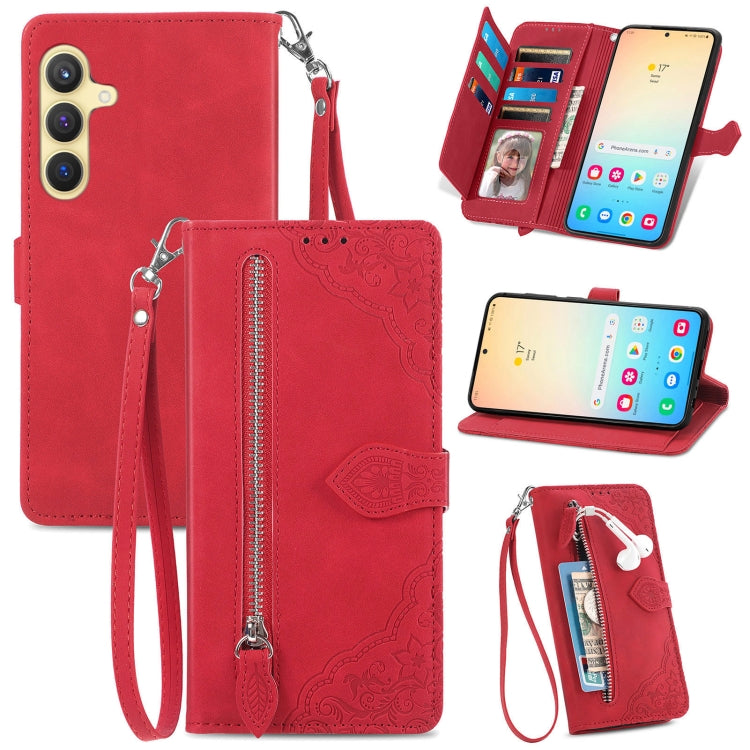For Samsung Galaxy S25 5G Embossed Flower Zipper Leather Phone Case(Red) - Galaxy S25 5G Cases by PMC TechLife | Online Shopping South Africa | PMC TechLife | Buy Now Pay Later Mobicred