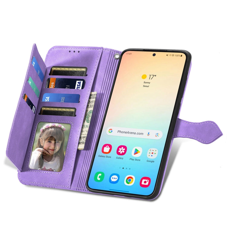 For Samsung Galaxy S25 5G Embossed Flower Zipper Leather Phone Case(Purple) - Galaxy S25 5G Cases by PMC TechLife | Online Shopping South Africa | PMC TechLife | Buy Now Pay Later Mobicred