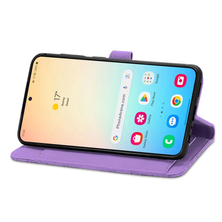 For Samsung Galaxy S25 5G Embossed Flower Zipper Leather Phone Case(Purple) - Galaxy S25 5G Cases by PMC TechLife | Online Shopping South Africa | PMC TechLife | Buy Now Pay Later Mobicred